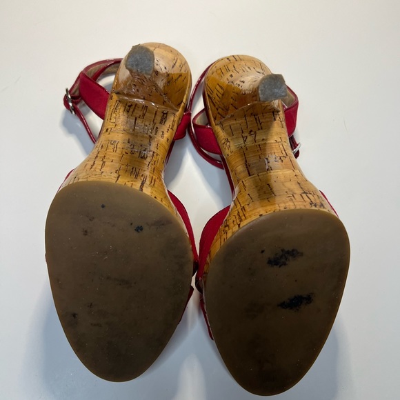 Michael Kors Tied Up Ankle Open Toe Red Fabric & Cork Summer Heels - Picture 8 of 9